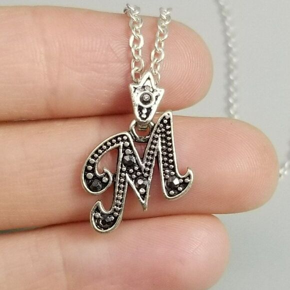 Vintage M Monogram Initial Letter Pendant Necklace, Silver Tone, Estate - Picture 1 of 10